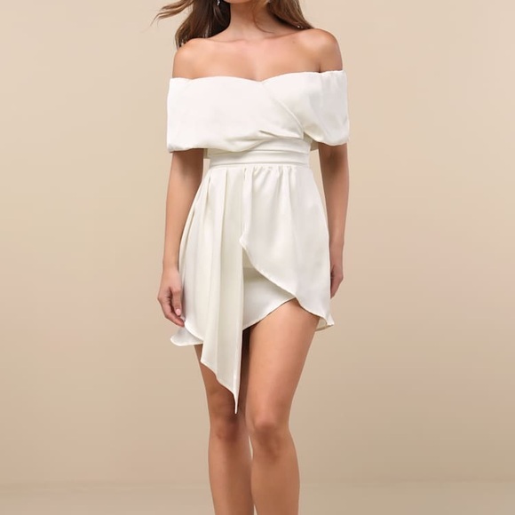 Lulu's NWT Always Celebrating Ivory Satin Off-the-Shoulder Mini Dress Size Small - Picture 1 of 12
